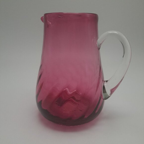 Hand Blown Pilgrim Cranberry Glass Pitcher Applied Clear Handle - Picture 1 of 11